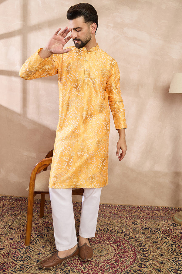 Yellow Silk Blend Ethnic Motifs Printed Straight Kurta With Trouser MKSET2012
