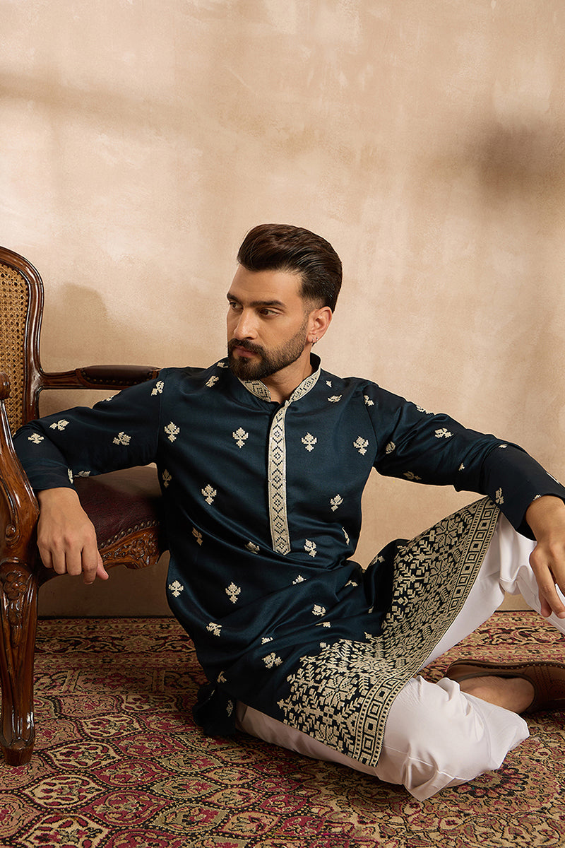 Navy Blue Polyester Solid Embroidered Straight Kurta With Trouser MKSET1810