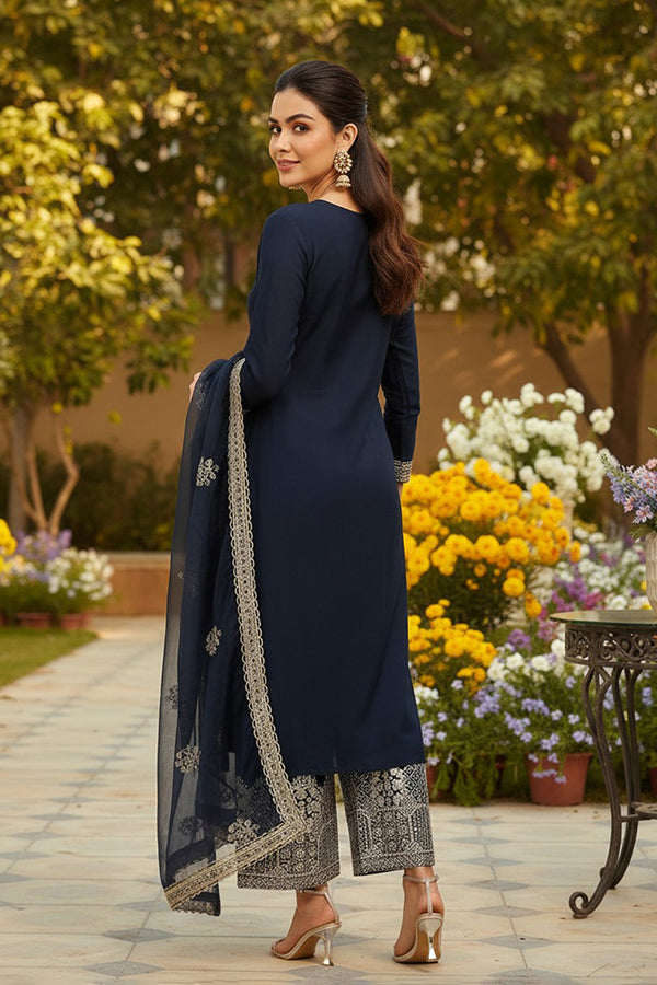 Navy Blue Silk Blend Solid Embroidered Straight Suit Set PKSKD2249