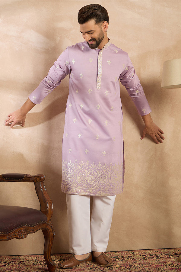 Lavender Polyester Solid Embroidered Straight Kurta With Trouser MKSET1753