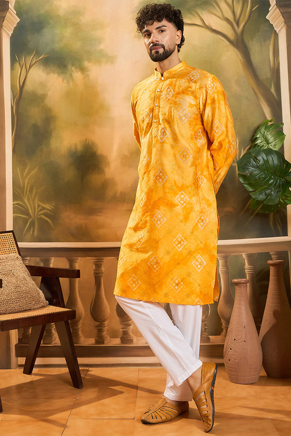Orange Silk Blend Batik Embroidered Straight Kurta with Trouser MKSET1466