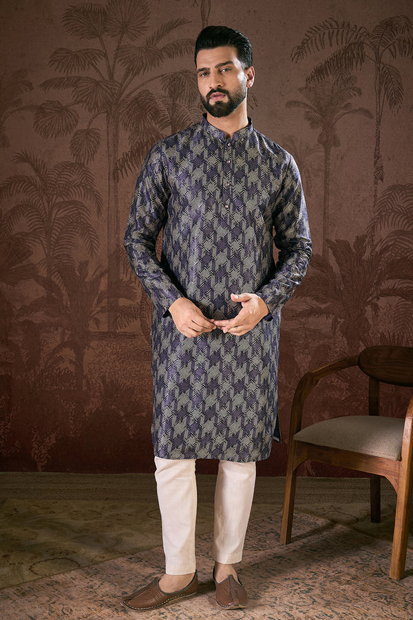 Violet Silk Blend Chevron Printed Straight Kurta With Trouser MKSET1917