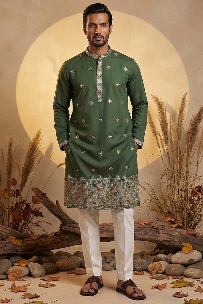 Silk Blend Green Solid Embroidered Calf Length Straight Kurta MKU2101