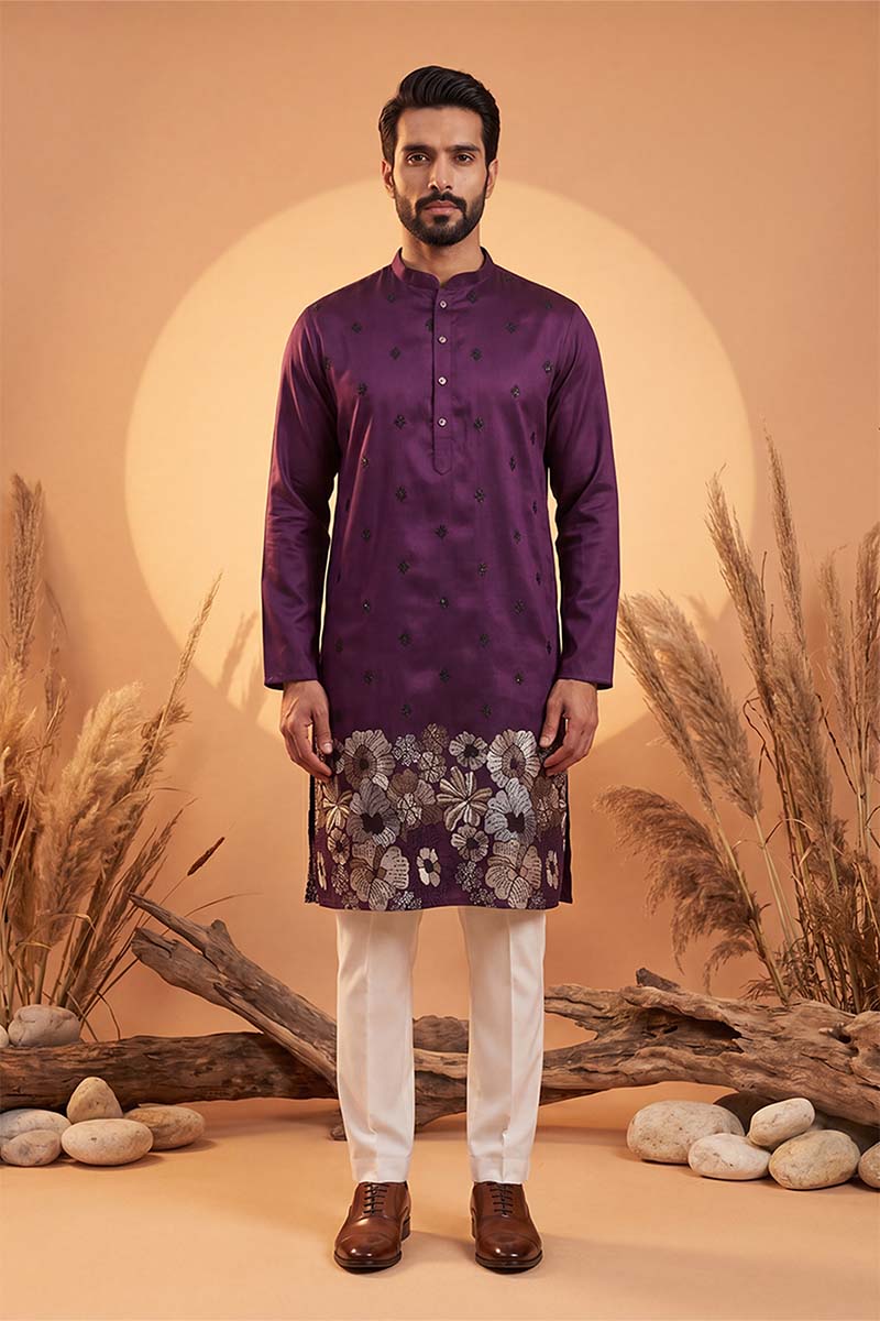 Violet Silk Blend Solid Embroidered Kurta With Trousers MKSET2104