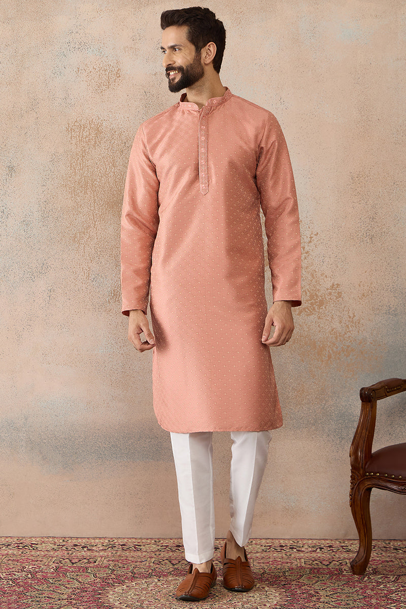 Peach Silk Blend Embroidered Mandarin Collar Straight Kurta with Trousers  MKSET2363