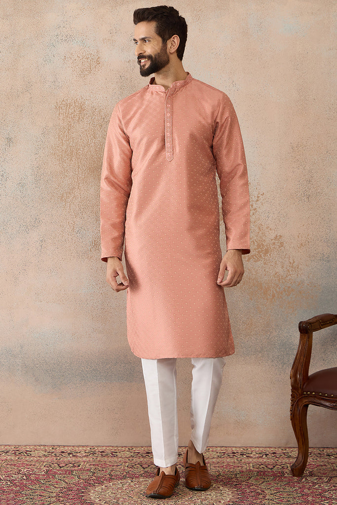 Peach Silk Blend Embroidered Mandarin Collar Straight Kurta with Trousers  MKSET2363