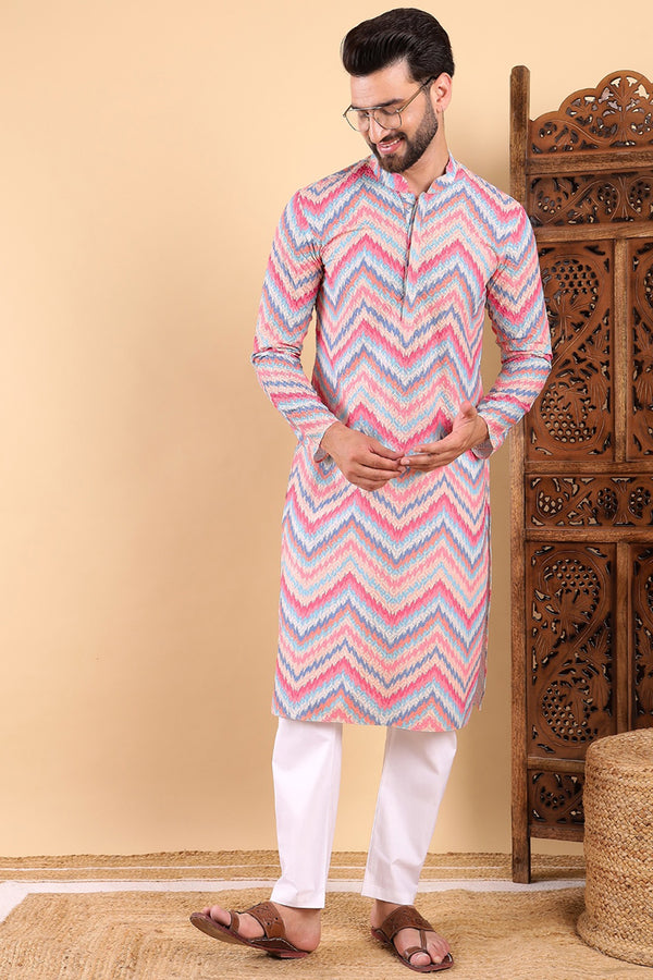Pink Viscose Rayon Ikat Embroidered Straight Kurta For Men MKU1008PNK