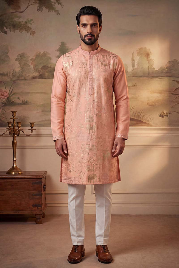 Peach Viscose Rayon Solid Embroidered Kurta MKU2092