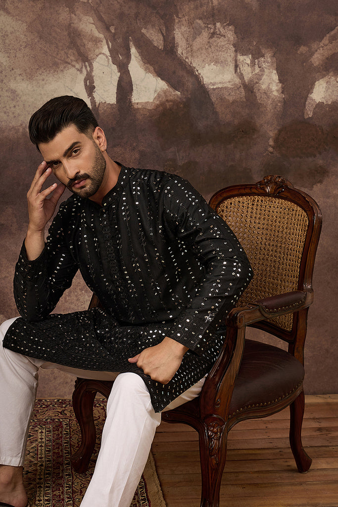 Black Silk Blend Solid Embroidered Straight Kurta With Pant Set MKSET1360