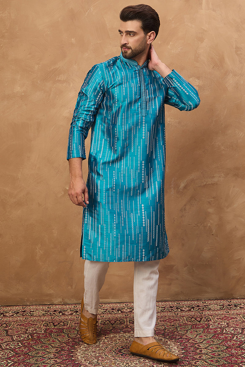 Blue Silk Blend Geometric Printed Straight Kurta MKU1519
