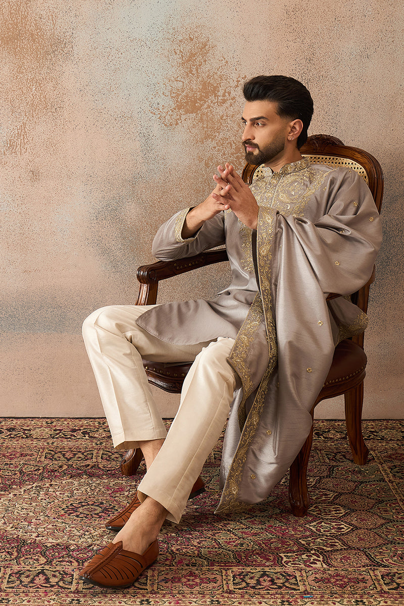 Grey Silk Blend Embroidered Ethnic Kurta with Dupatta MKUD1044