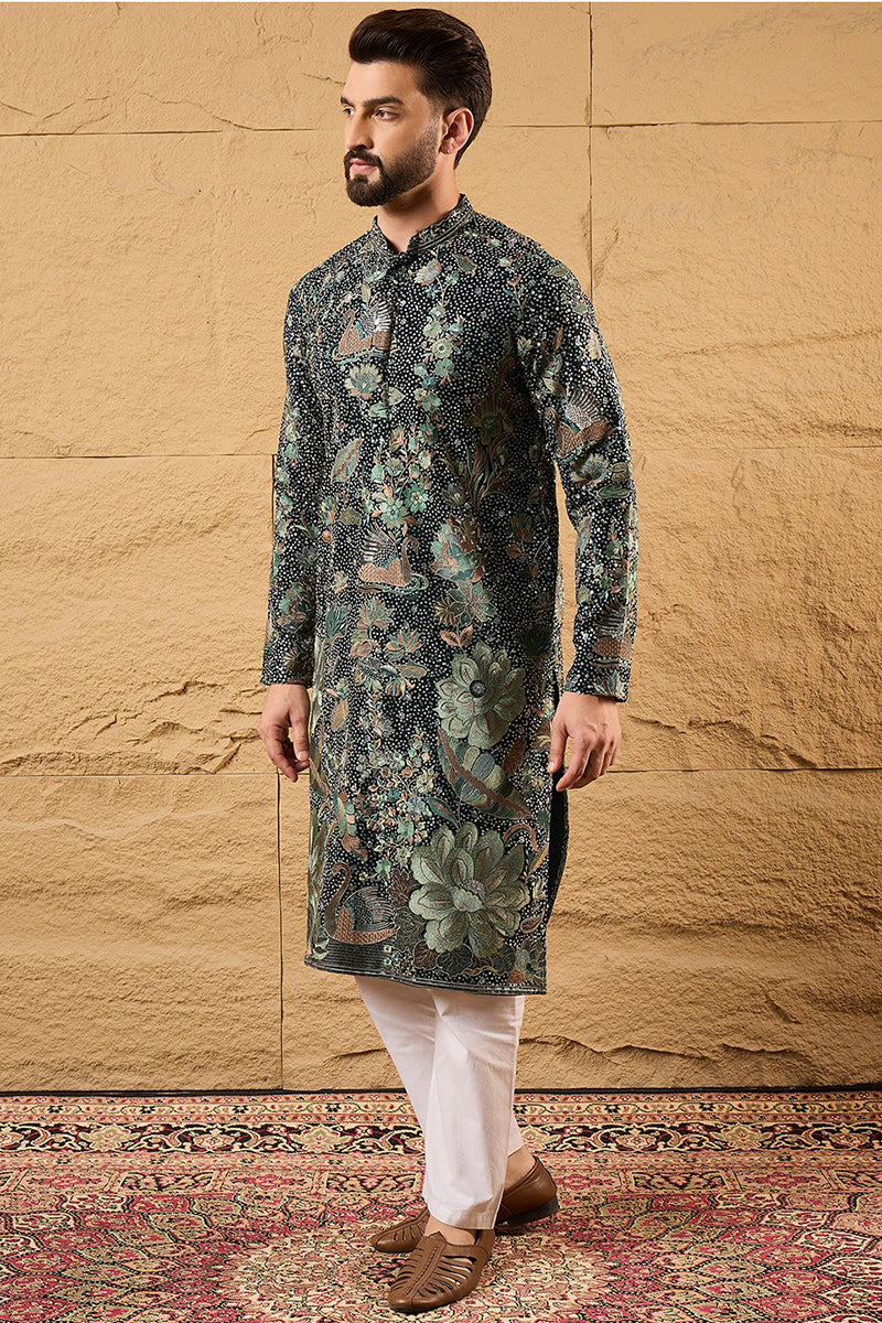 Green Georgette Solid Embroidered Straight Kurta with Trouser MKSET1133