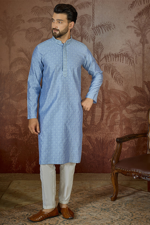 Blue Jacquard Solid Embroidered Kurta MKU2500