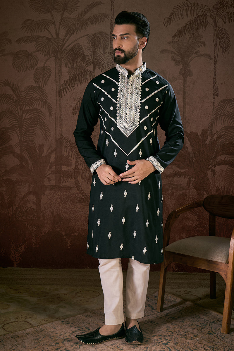 Black Silk Blend Solid Embroidered Straight Kurta With Trouser MKSET1886