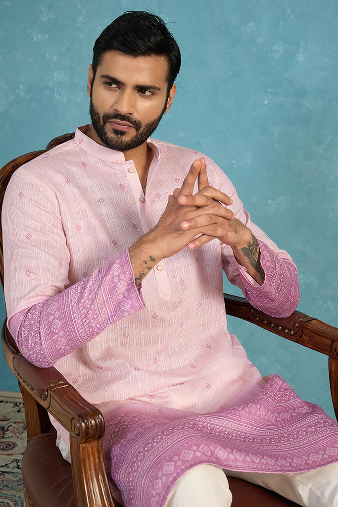 Pink Silk Blend Woven Design Calf Length Straight Regular Kurta With Trouser MKSET2347