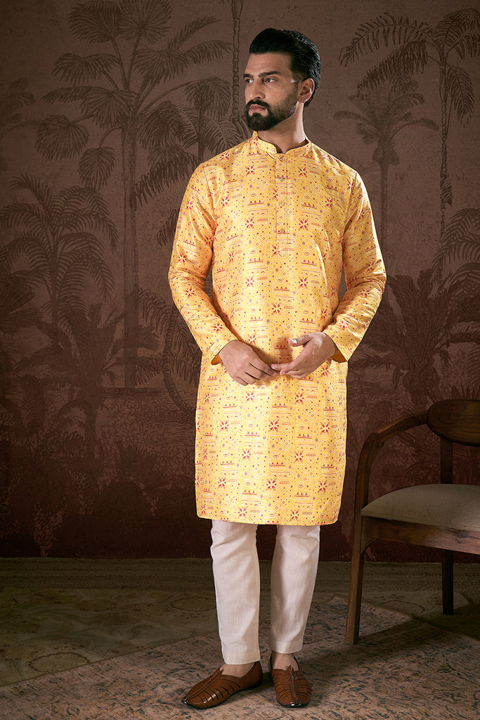 Yellow Silk Blend Ethnic Motifs Printed Straight Kurta MKU1936