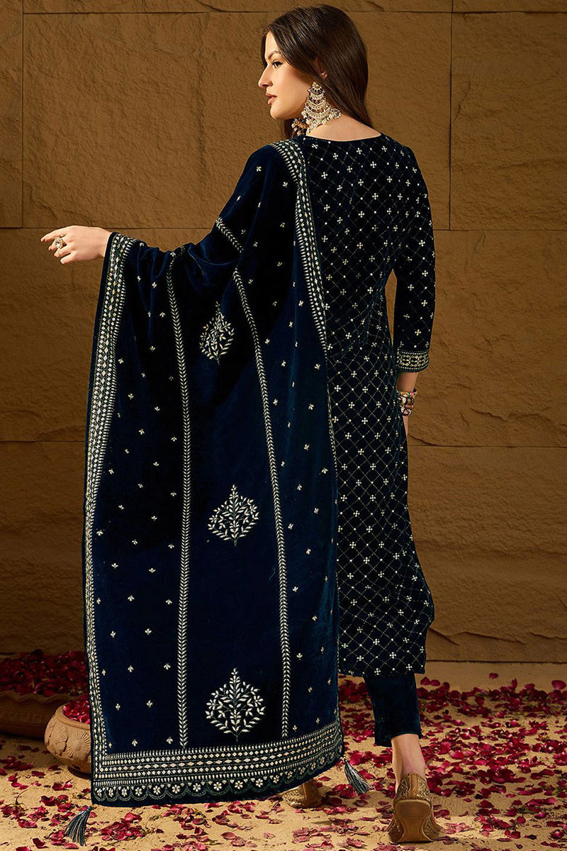 Blue Velvet Ethnic Motifs Printed Straight Trousers Suit Set PKSKD2886