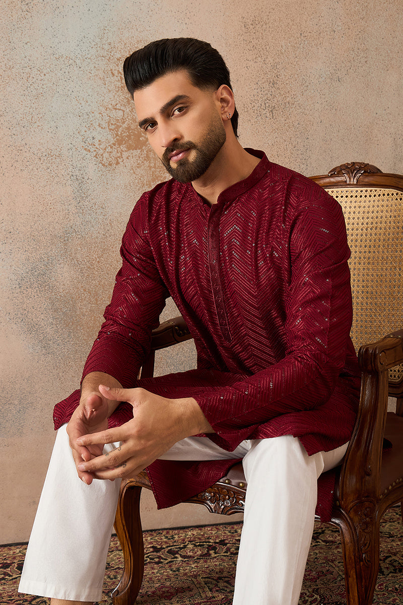 Maroon Rayon Embroidered Solid Straight Kurta With Trousers MKSET2188