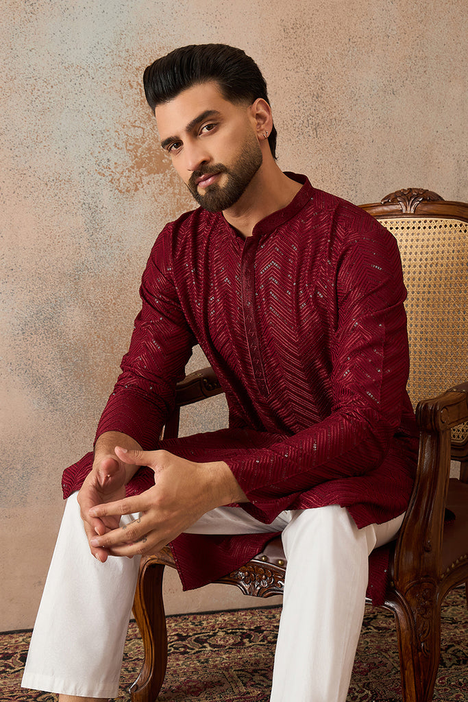 Maroon Rayon Embroidered Solid Straight Kurta With Trousers MKSET2188