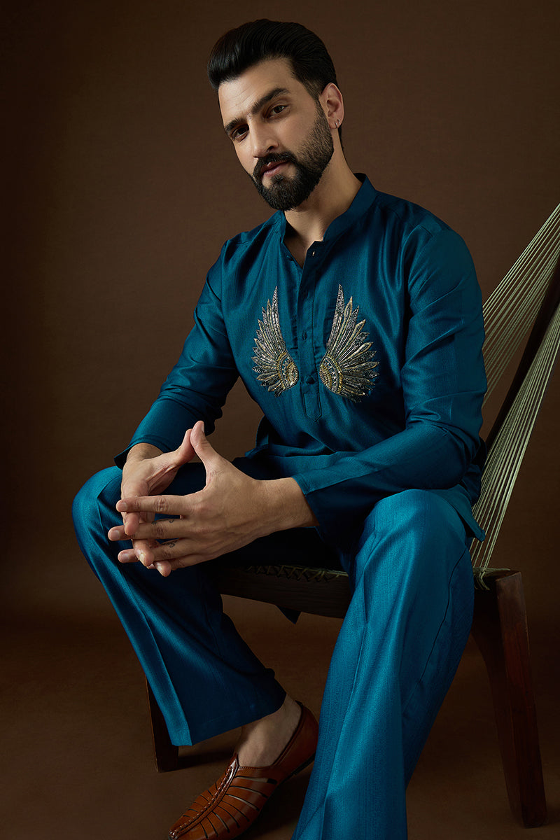 Navy Blue Silk Blend Solid Embroidered Kurta With Trouser MKSET2063