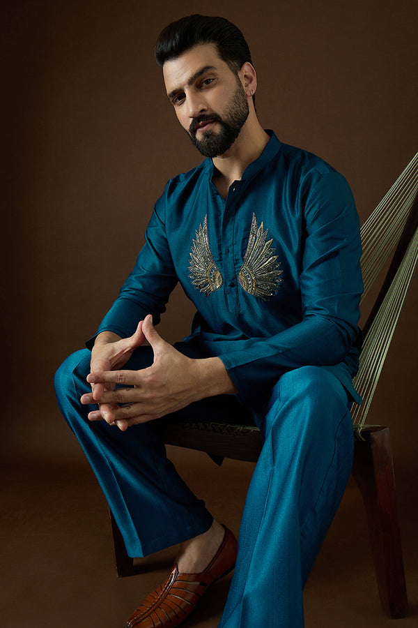 Navy Blue Silk Blend Solid Embroidered Kurta With Trouser MKSET2063