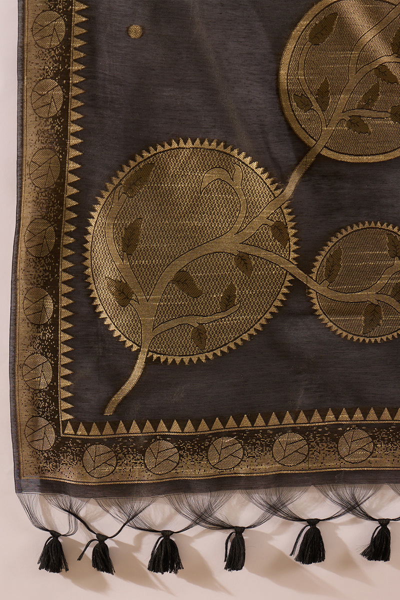 Black Chanderi Solid Woven Design Straight Kurta Trousers With Dupatta SKSKD3069