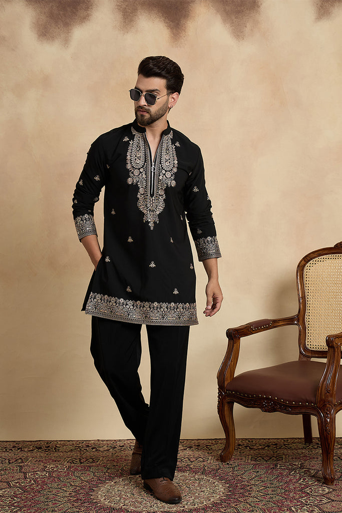 Black Silk Blend Solid Embroidered Kurta With Trouser MKSET2376