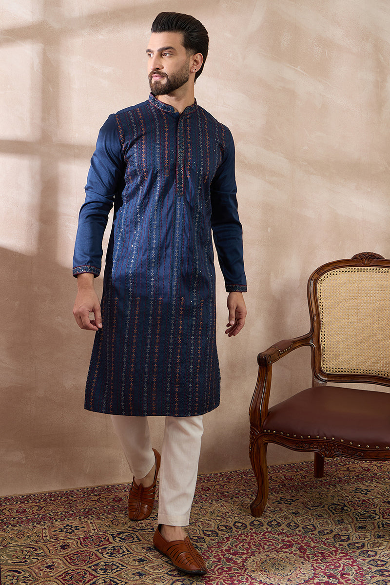 Navy Blue Silk Blend Embroidered Mandarin Collar Straight Kurta With Trouser MKSET2040