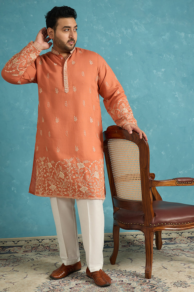 Peach Silk Blend Solid Thread Work Embroidered Kurta MKU1935