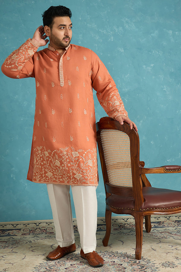 Peach Silk Blend Solid Thread Work Embroidered Kurta MKU1935