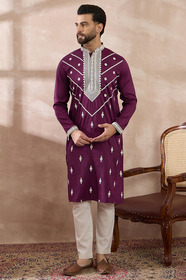 Purple Silk Blend Embroidered Mandarin Collar Straight Kurta With Trouser MKSET1789