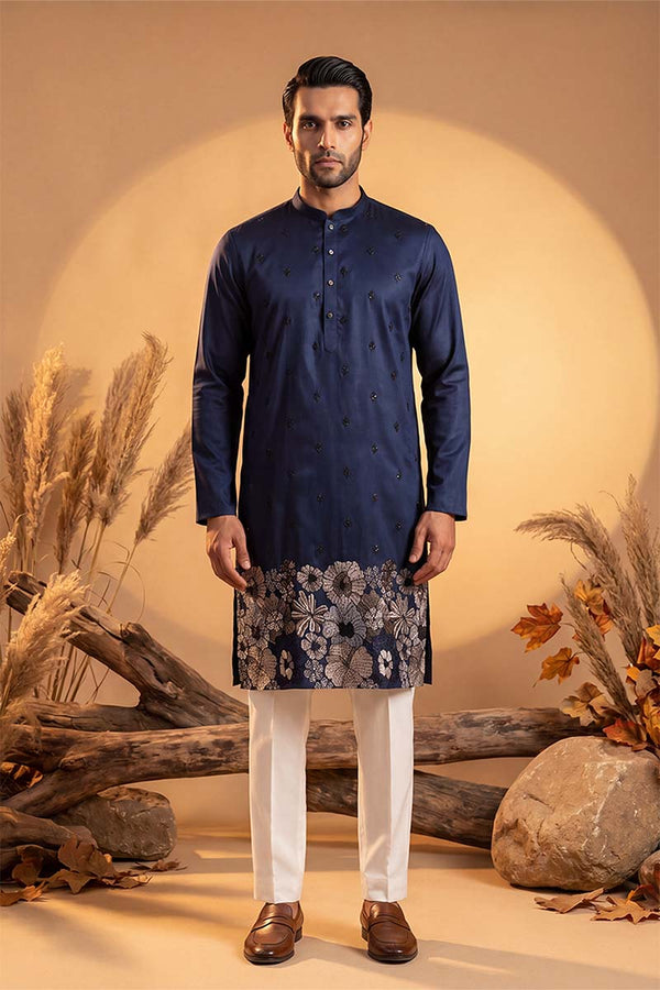 Blue Silk Blend Solid Embroidered Kurta With Trousers MKSET2065