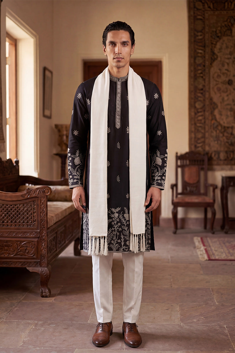 Black Silk Blend Solid Embroidered Straight Kurta Sets MKPD1782