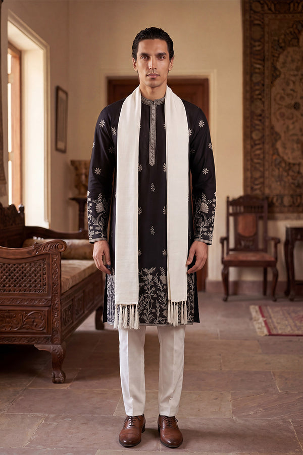 Black Silk Blend Solid Embroidered Straight Kurta Sets MKPD1782