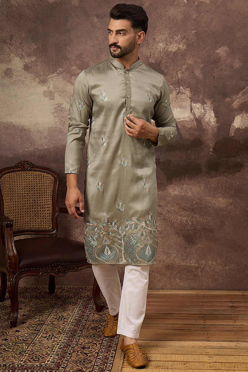 Green Silk Blend Solid Embroidered Straight Kurta with Trouser MKSET1345