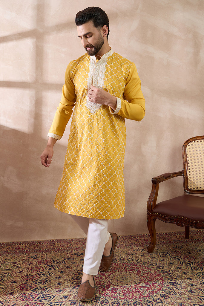 Yellow Silk Blend Embroidered Mandarin Collar Straight Kurta With Trouser MKSET1691