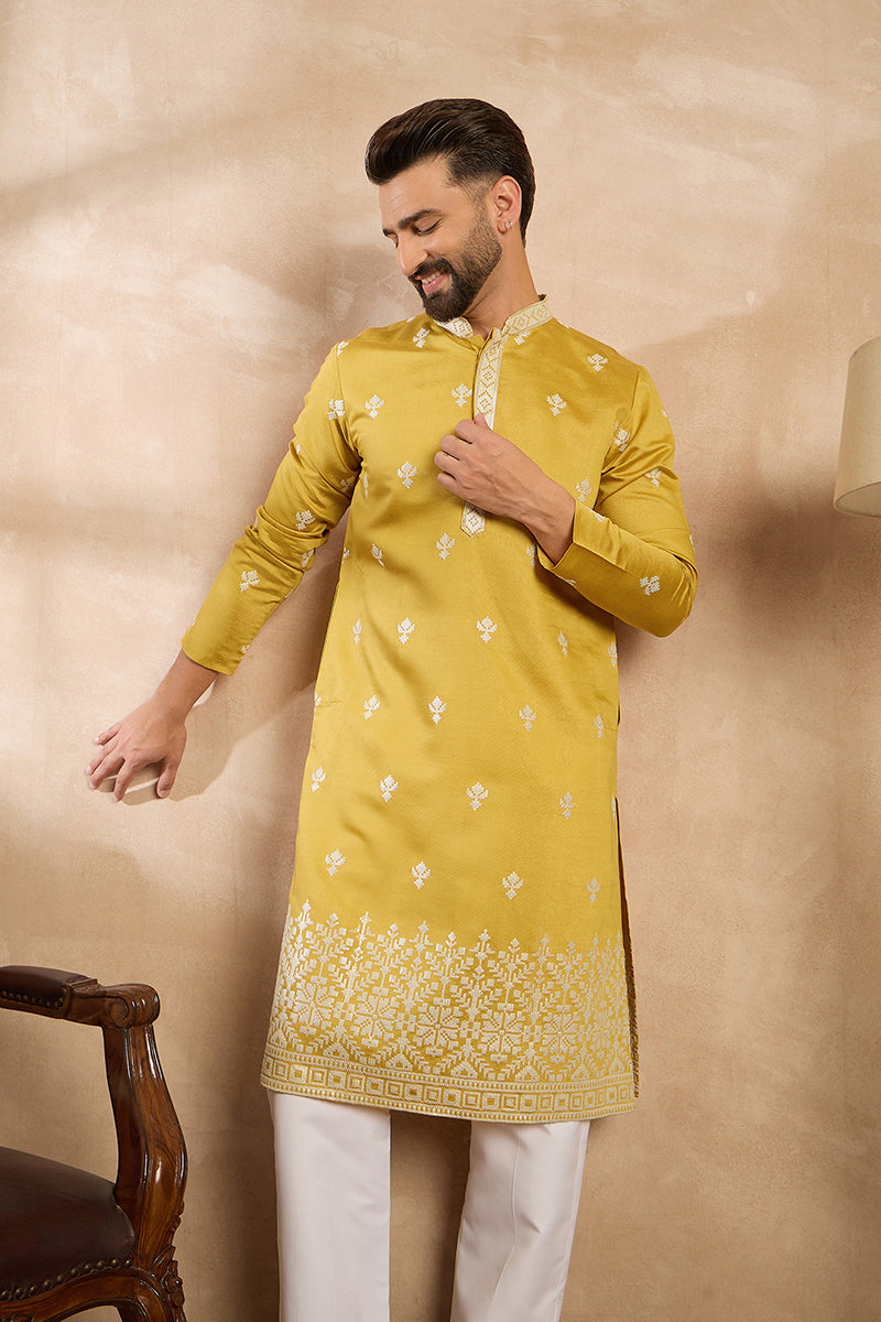 Yellow Polyester Solid Embroidered Straight Kurta With Trouser MKSET1809