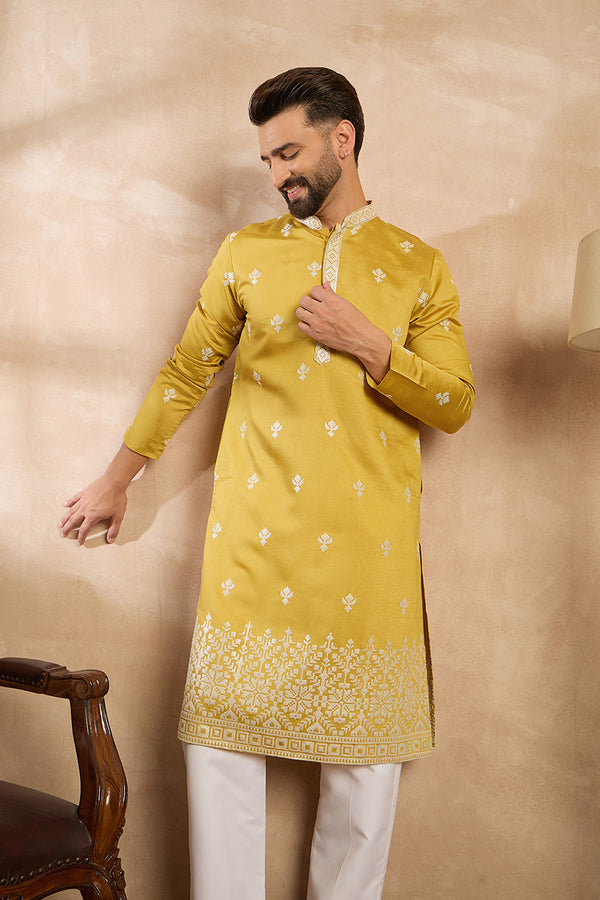 Yellow Polyester Solid Embroidered Straight Kurta With Trouser MKSET1809