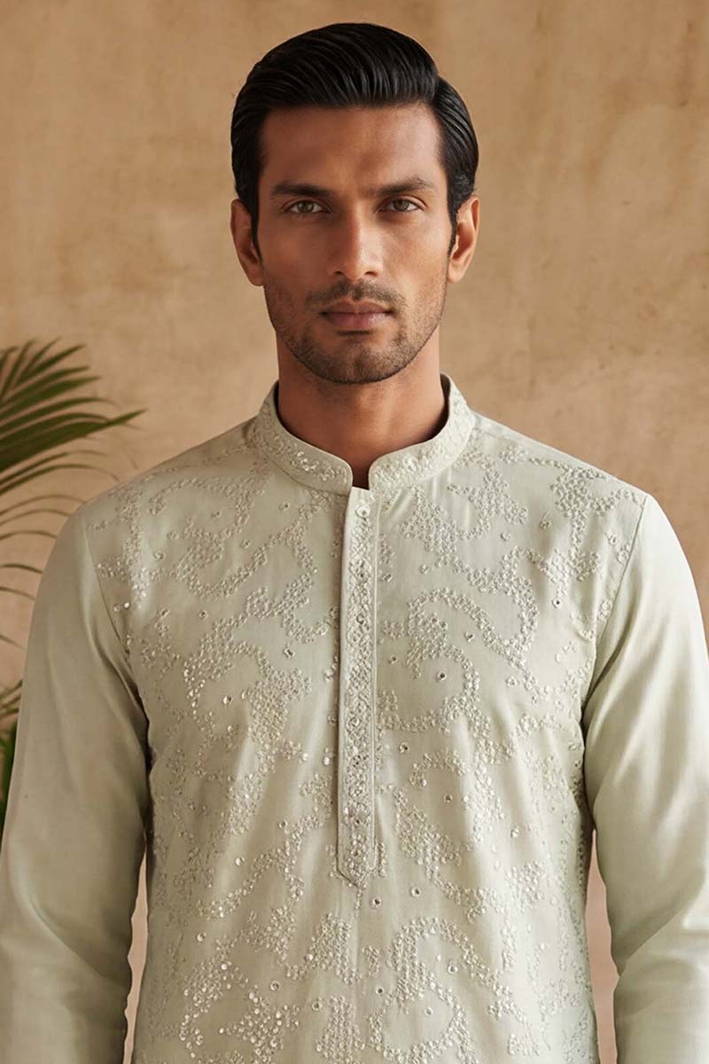 Silk Blend Green Solid Embroidered Calf Length Straight Kurta MKU2133