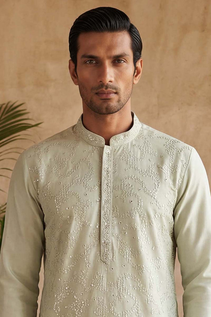Silk Blend Green Solid Embroidered Calf Length Straight Kurta MKU2133