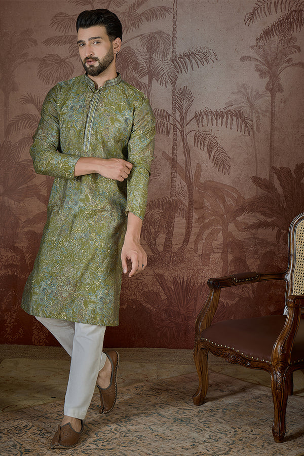Green Silk Blend Ethnic Motifs Embroidered Kurta MKU2503