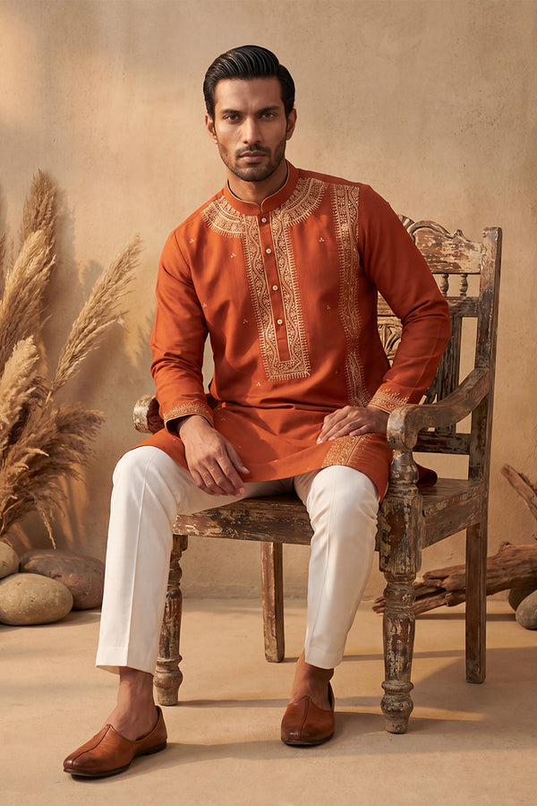Orange Silk Blend Solid Emboidered Straight Kurta MKU2371