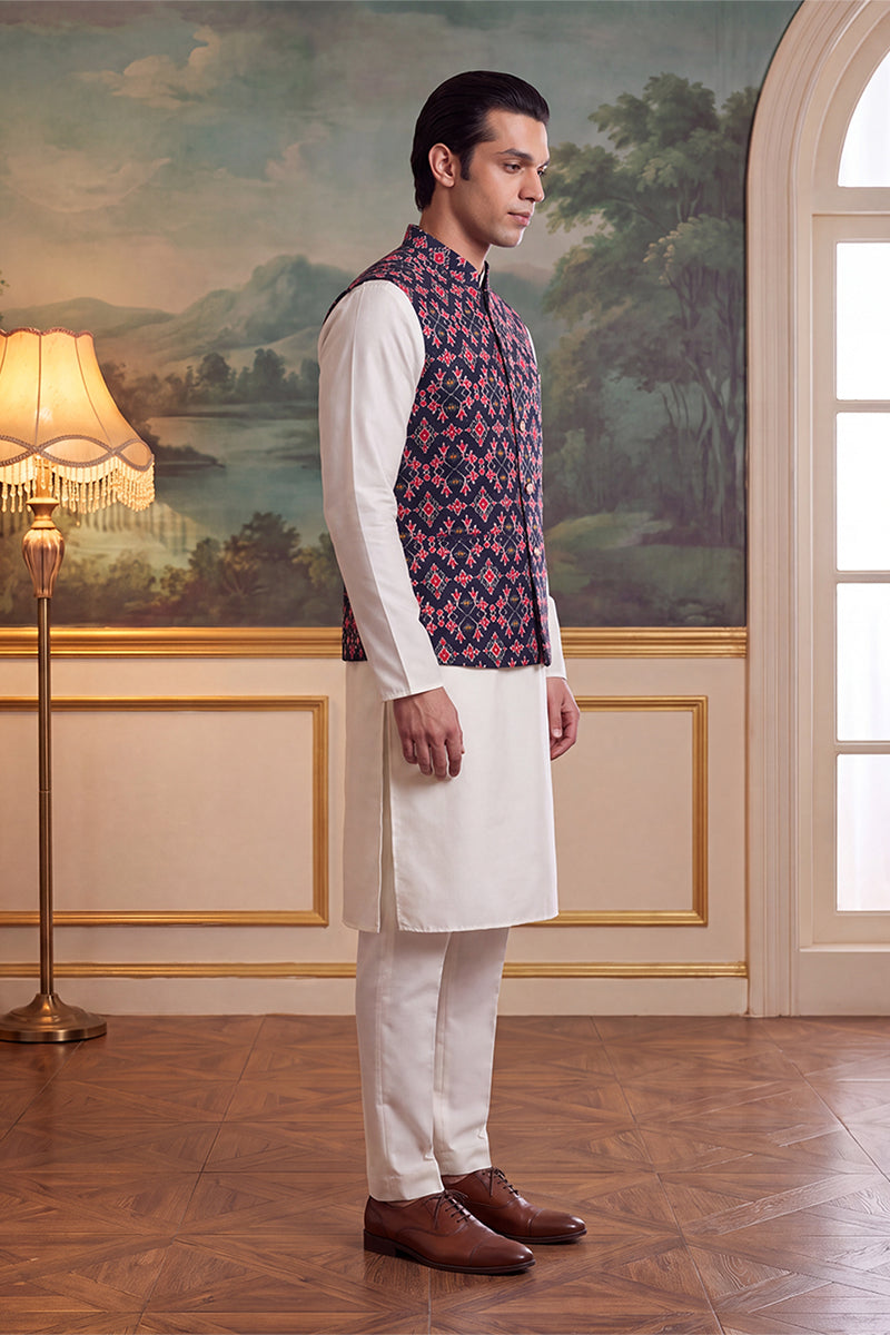 Navy Blue Silk Blend Patola Print Mandarine Collar Koti MKOT1048