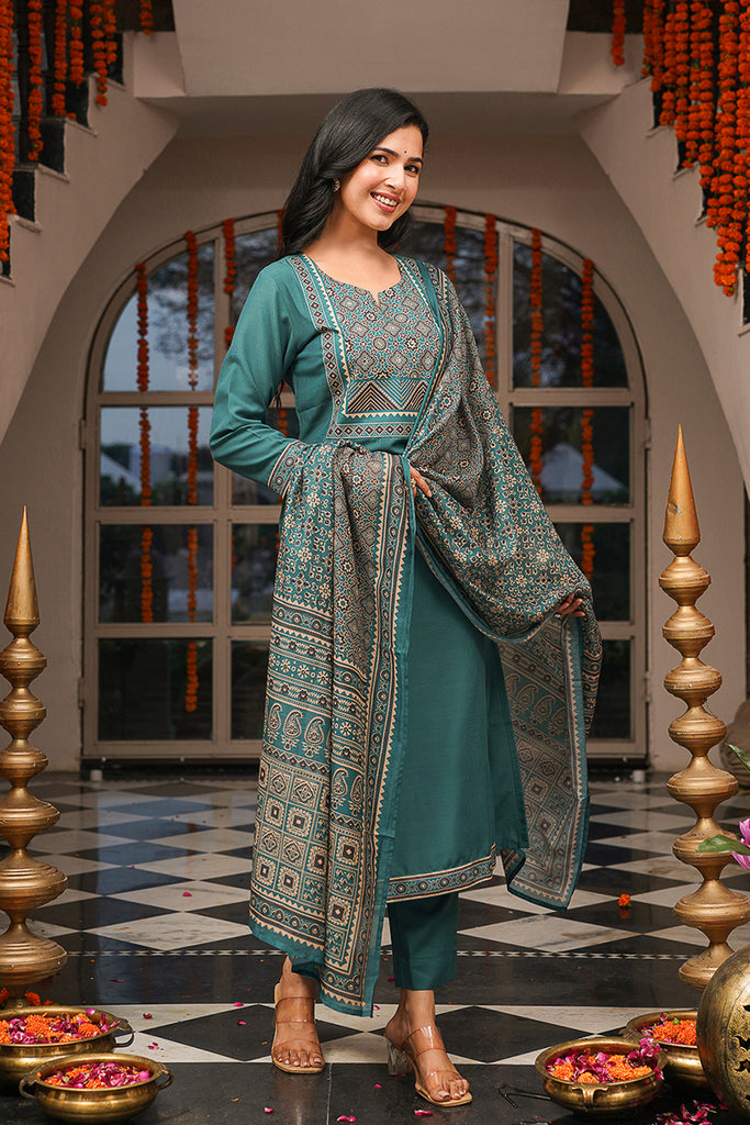 Teal Cotton Blend Ajrakh Printed Straight Kurta Trousers With Dupatta PKSKD3082