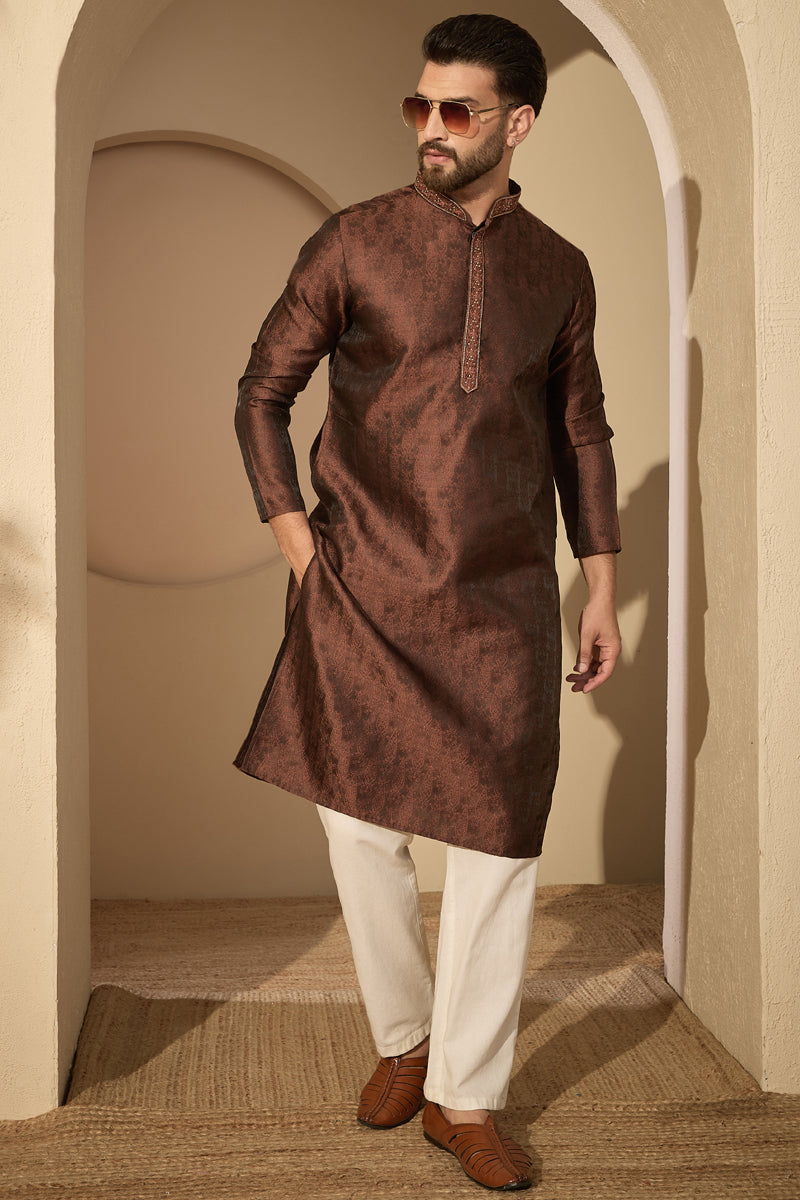 Brown Jacquard Solid Embroidered Mandarin Collar Kurta With Trouser MKSET2752
