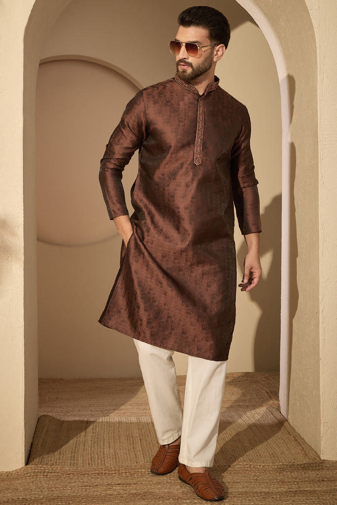 Brown Jacquard Solid Embroidered Mandarin Collar Kurta With Trouser MKSET2752