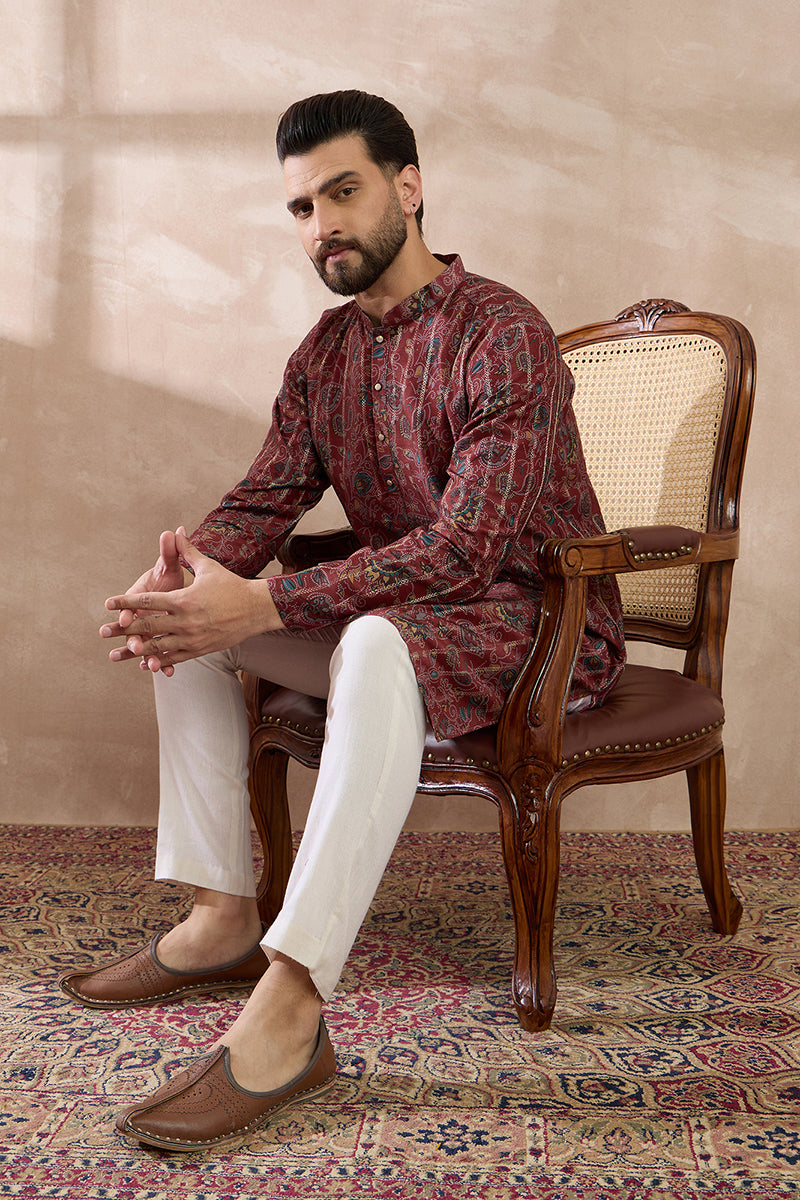Maroon Silk Blend Printed Mandarin Collar Straight Kurta With Trouser MKSET2025