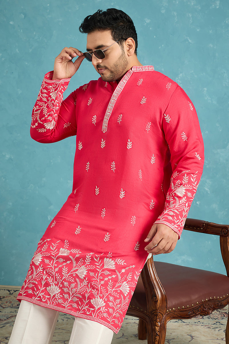 Pink Silk Blend Solid Thread Work Embroidered Kurta MKU1943