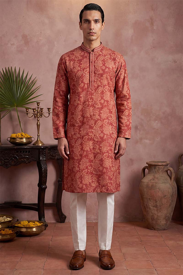 Red Silk Blend Floral Printed Kurta With Trousers MKSET1979