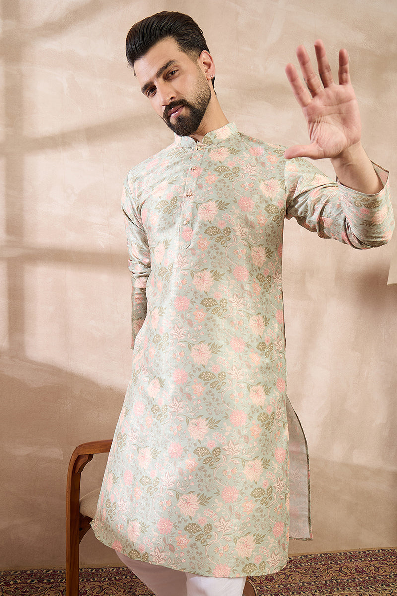Green Silk Blend Floral Printed Straight Kurta MKU1968
